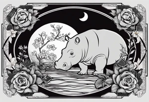 Very asymmetrical, +geometric pattern, with realistic full moon, with seeious looking hippo,,
with wintersweet flower bud, +portrait orientation, +inkart touch, tattoo idea