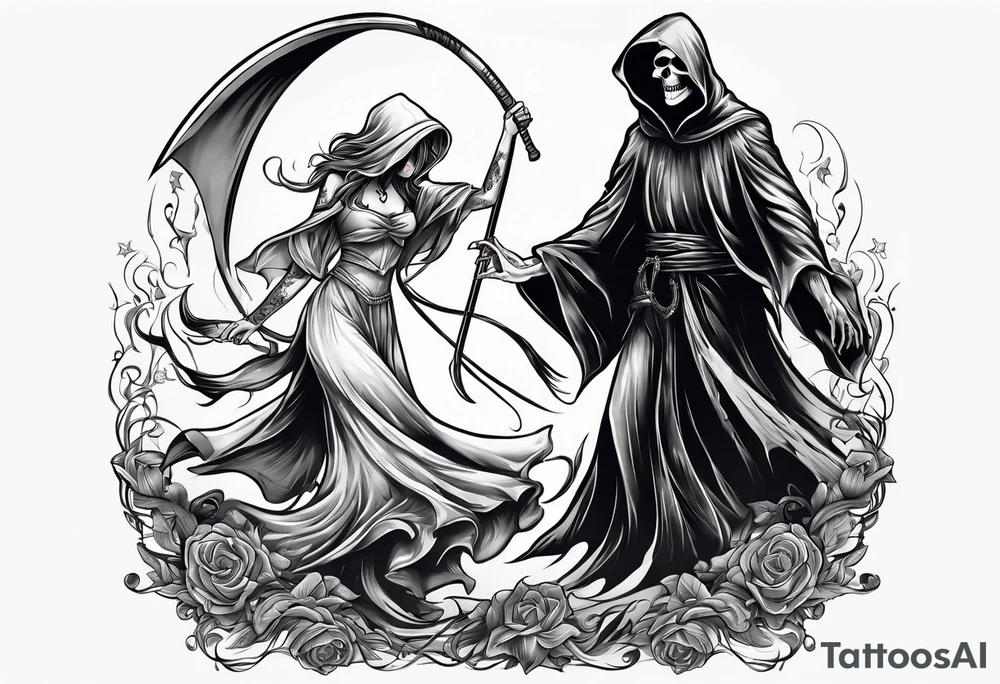 Grim reaper dance with girl tattoo idea