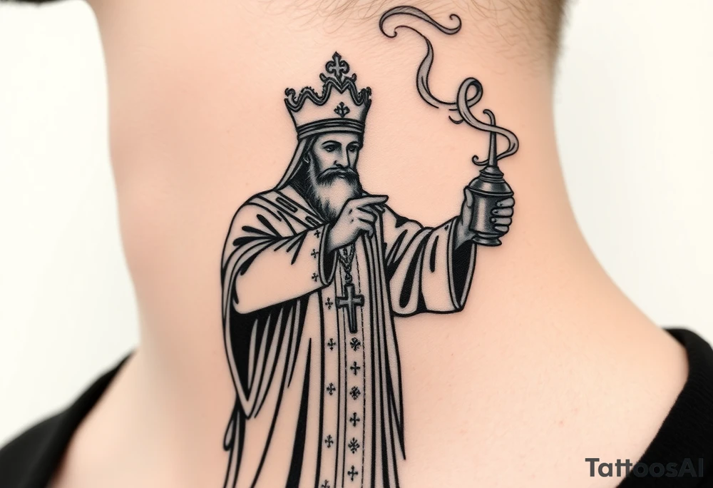 Russian Orthodox Priest in fully detailed vestment swinging a censer with smoke curling upward tattoo idea