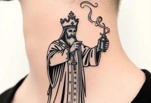 Russian Orthodox Priest in fully detailed vestment swinging a censer with smoke curling upward tattoo idea