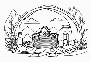 Light, minimalstic picnic scene in nature. A blanket on the ground with picnic-basket with lid, pillows and party tennants. Thin lines. tattoo idea