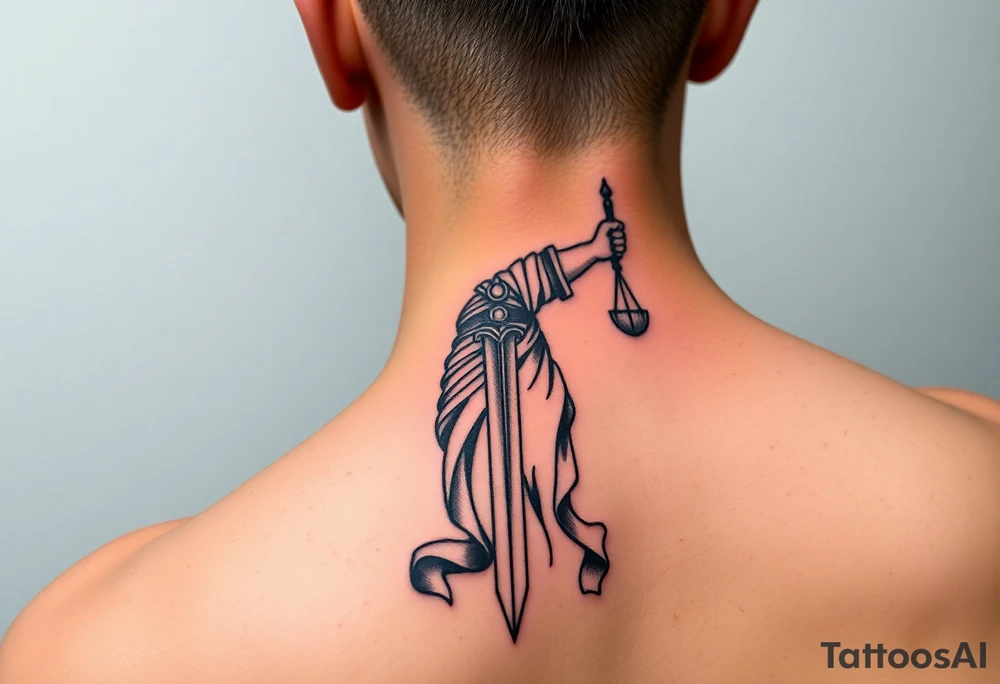 Neotraditional Lady Justice tattoo, forearm placement, vivid colors, sword facing down, regal tattoo idea