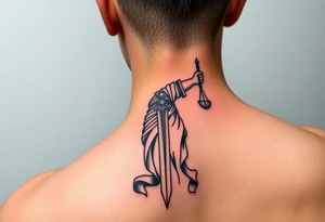 Neotraditional Lady Justice tattoo, forearm placement, vivid colors, sword facing down, regal tattoo idea