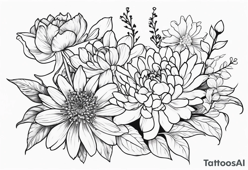 Asters, roses, lily of the valley, and chrysanthemums in a long line tattoo idea