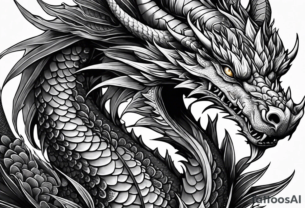 An ornate dragon breathing fire, with intricate scales and a fierce expression, symbolizing power and protection.” tattoo idea