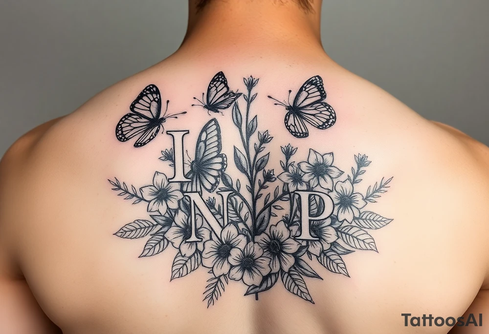 Love myself First with butterflies and flowers 
Letters L,M,N,O,P discreetly hidden among the foliage tattoo idea