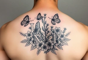 Love myself First with butterflies and flowers 
Letters L,M,N,O,P discreetly hidden among the foliage tattoo idea