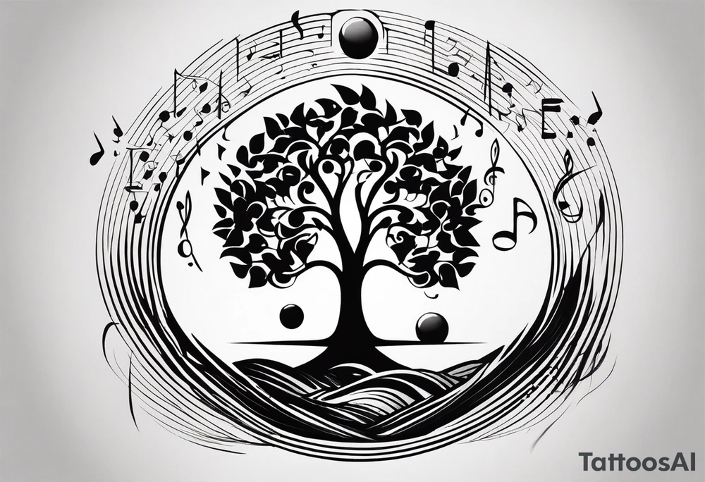 A tattoo design that incorporates the following elements: an abstract tree of life that has roots emerging  from the ground. Waves of water wrap around the tree in a non symmetrical design.  Incorporate musical notes into the tree. the letters U and A are overlapping and engraved into the tree. incorporate a golf ball or golf course symbols like a flag but not prominent. tattoo idea