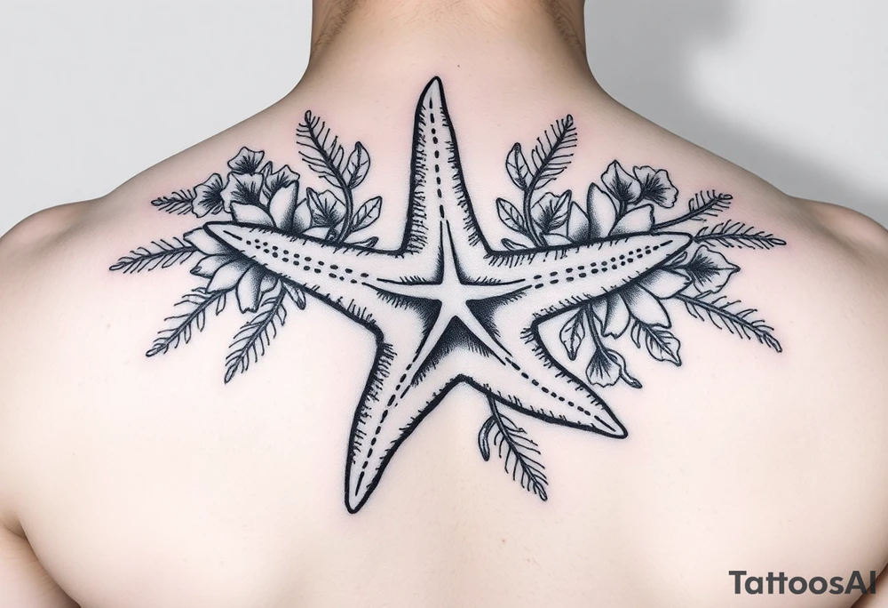 Starfish and sea flora done in the style used during World War Two tattoo idea