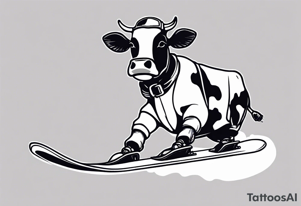 Generate a minimalist and simple black and white tattoo design featuring a joyful cow snowboarding, wearing goggles. Focus on essential lines and details to convey the playful spirit of the scene. The cow should exude confidence while effortlessly snowboarding down a snowy slope. Keep the design clean and uncluttered, suitable for a small to medium-sized tattoo space. Emphasize the charm and whimsy with the addition of goggles, ensuring the overall aesthetic remains simple and minimalistic. The goal is to create a visually appealing and easily recognizable tattoo that captures the essence of a cow enjoying a snowboarding adventure tattoo idea