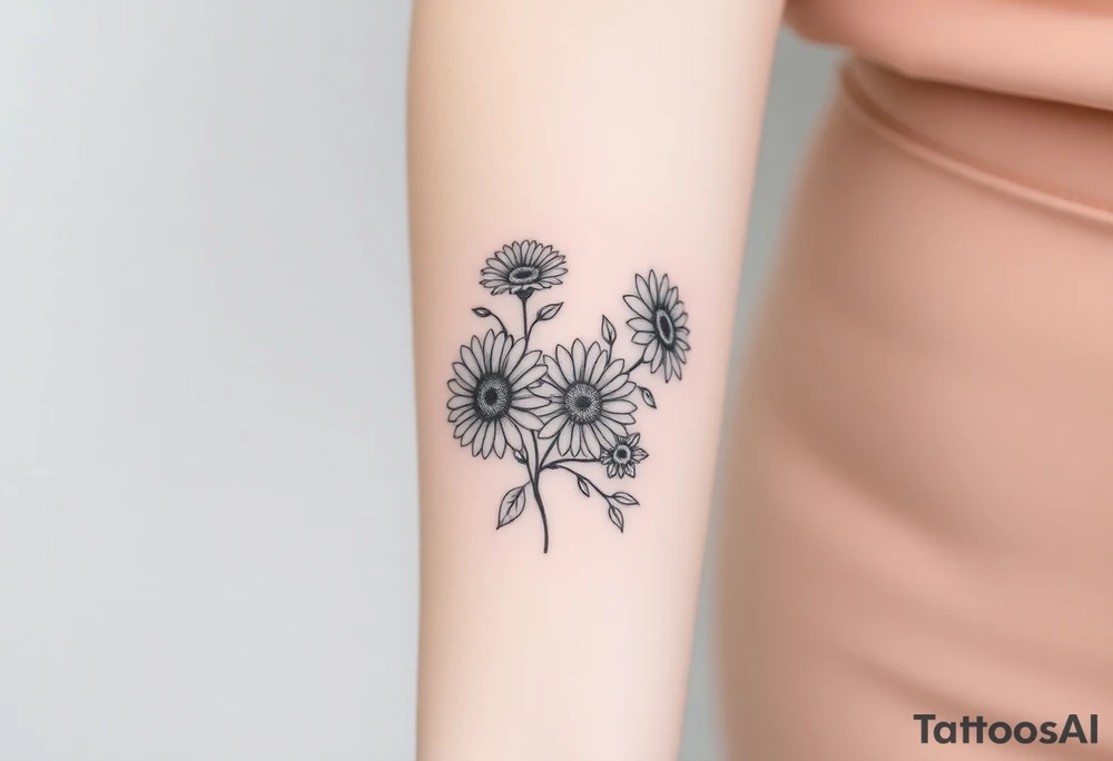 Fine line flower tattoo with 3 gerbera daisies other flowers and infinity symbol worked in as part of the design tattoo idea