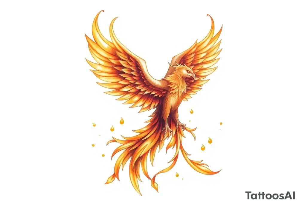 magnificent phoenix rising from golden flames with trailing embers tattoo idea