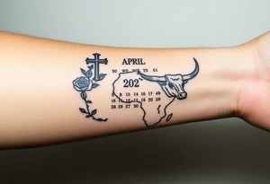 Calendar with the date 12th of April with a cross, rose, Spanish bull and the outline of Africa tattoo idea