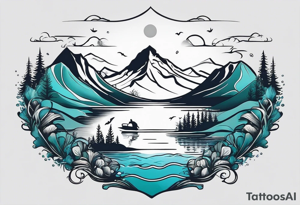 This is a minimalistic tattoo that is split into 2 sections; a top half and a bottom half. The top half is a mountain in Norway with a mountain bike trail winding down the mountain. The bottom half of the tattoo depicts an underwater scene featuring water, and sea life. tattoo idea