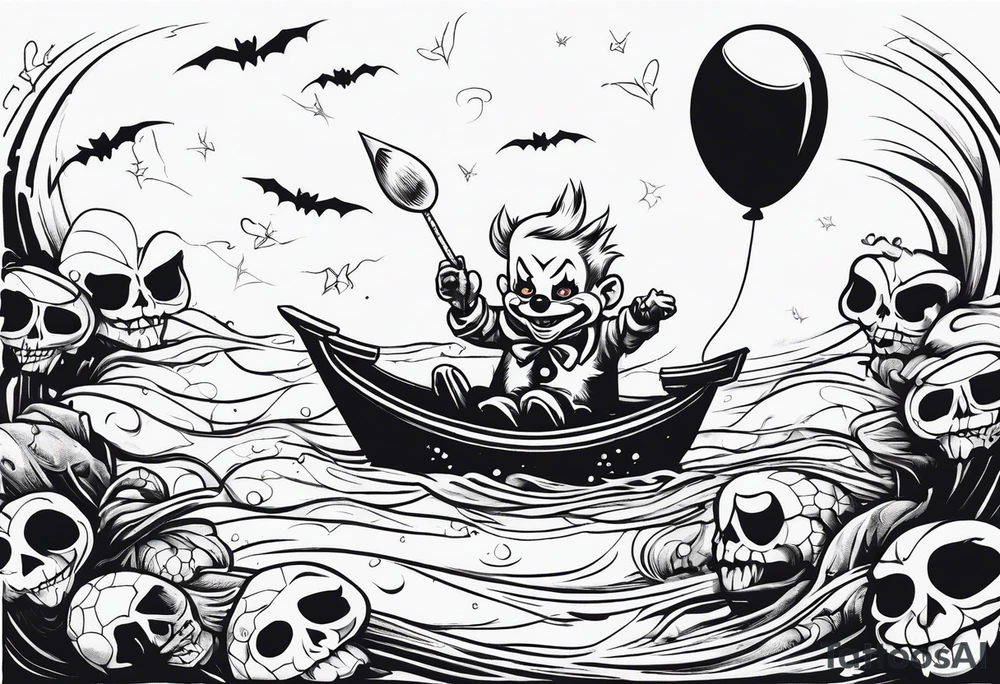 penny wise clown riding on georgies 
paper boat dragging skulls from other dead people behind him through the sewer system with a balloon covered in spiders tattoo idea