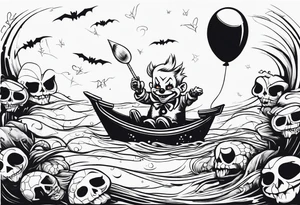 penny wise clown riding on georgies 
paper boat dragging skulls from other dead people behind him through the sewer system with a balloon covered in spiders tattoo idea