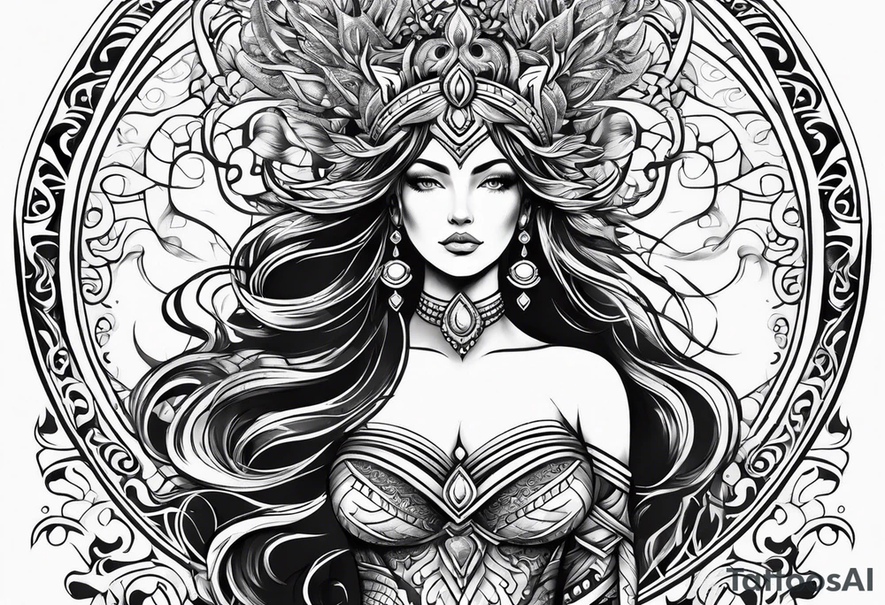 Aquarius goddess with water surrounding it in a tribal design tattoo idea