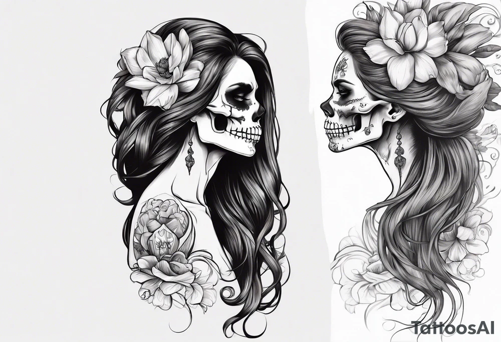 sideview of female skull with long hair and tulip tuft in hair and catrina painting, friendly mood tattoo idea
