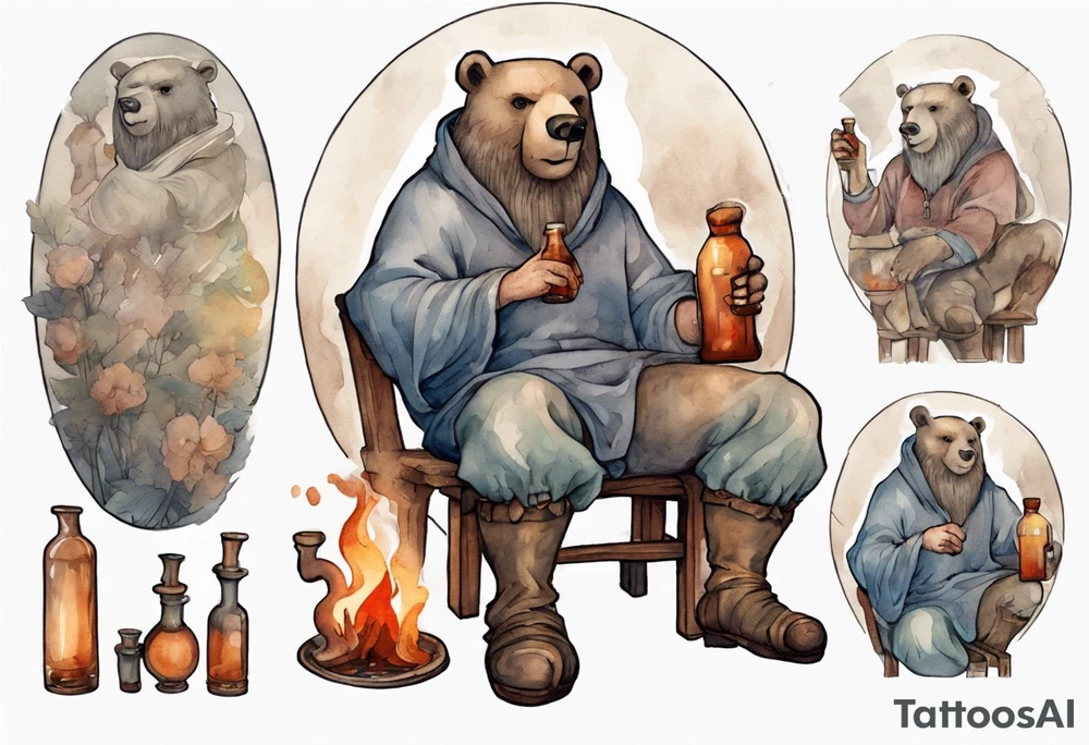 a medieval bear-human hybrid with a long grey beard wearing a tunic and boots, sitting on a stool by the tavern fireplace drinking from a clay bottle tattoo idea