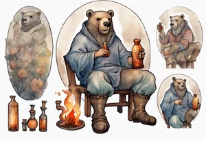 a medieval bear-human hybrid with a long grey beard wearing a tunic and boots, sitting on a stool by the tavern fireplace drinking from a clay bottle tattoo idea