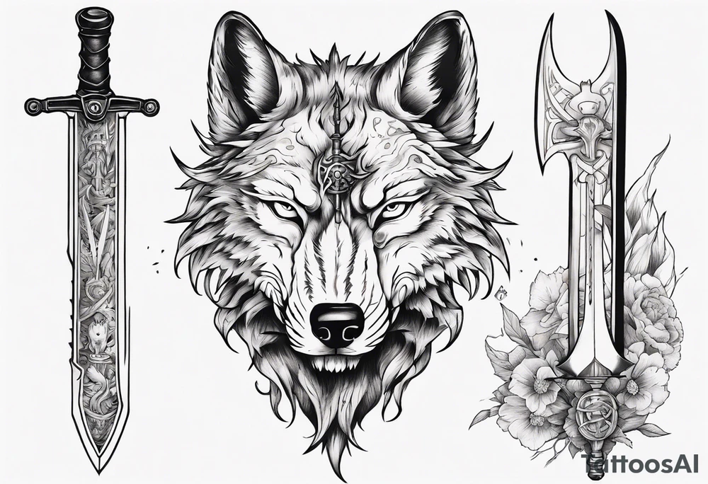 wolf head with a sword in the background tattoo idea