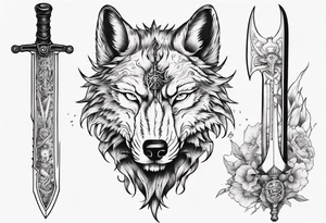 wolf head with a sword in the background tattoo idea
