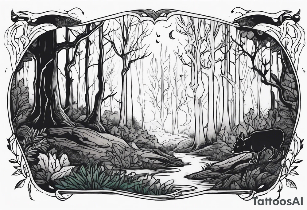 Enchanted forest transitioning to a haunted forest tattoo idea
