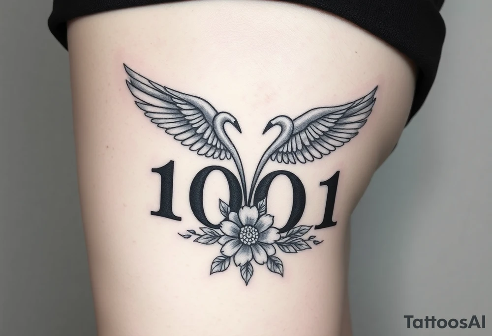 2001 full thigh tattoo with aries sign and angel numbers 1, 2, and 4 with flower tattoo idea