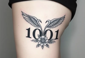 2001 full thigh tattoo with aries sign and angel numbers 1, 2, and 4 with flower tattoo idea
