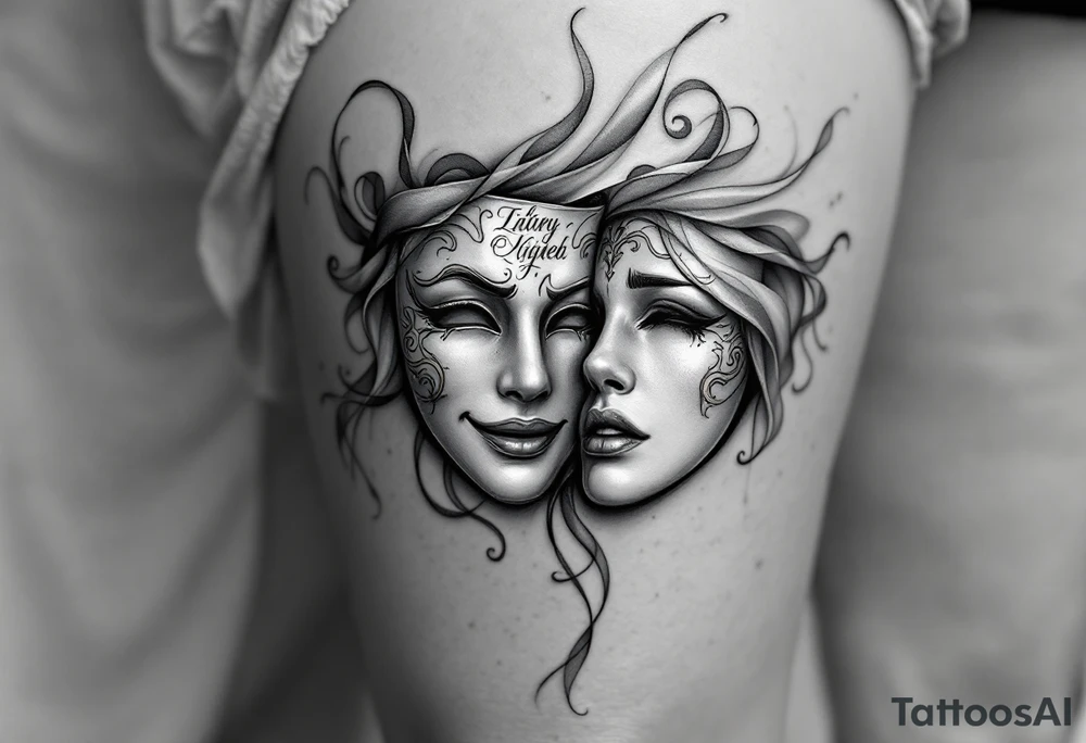 pair of ornate silver and gold theatre masks—one smiling, one crying—partially covered by a flowing, translucent veil. The title is in elegant white calligraphy, giving a mysterious and theatrical feel tattoo idea