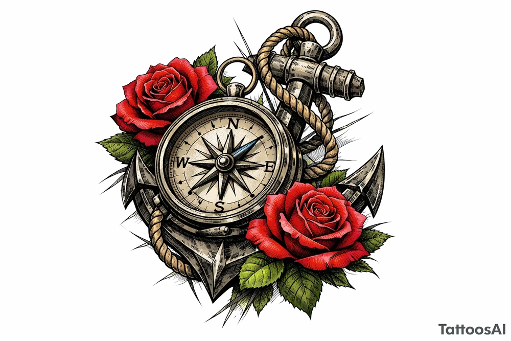 a compass,anchor,roses. tattoo idea