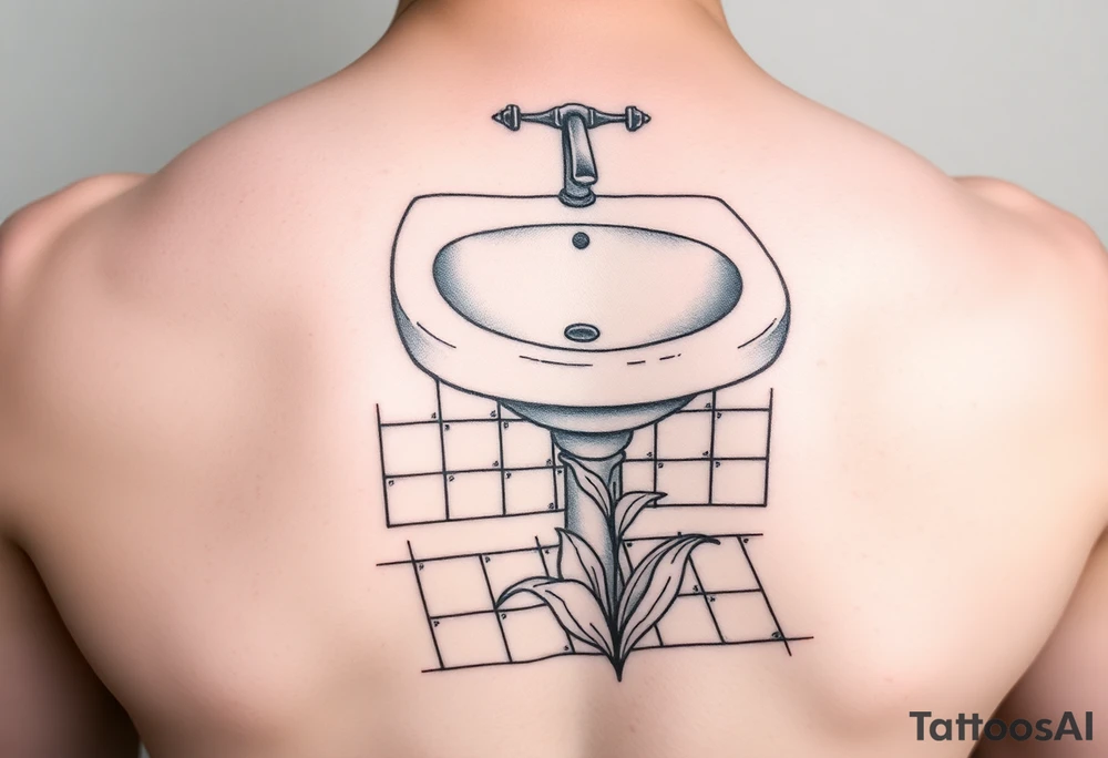 bathroom sink on tile floor with lily coming up out of the floor tattoo idea
