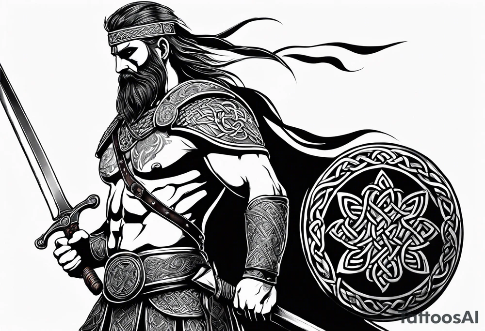Side full body shot of Celtic warrior with weapon drawn. tattoo idea