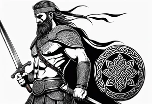 Side full body shot of Celtic warrior with weapon drawn. tattoo idea
