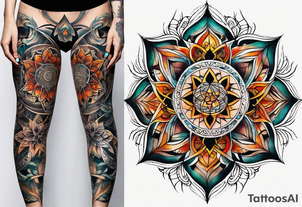front knee tattoo with sacred geometry, swirls & washes, background and in fall colors tattoo idea