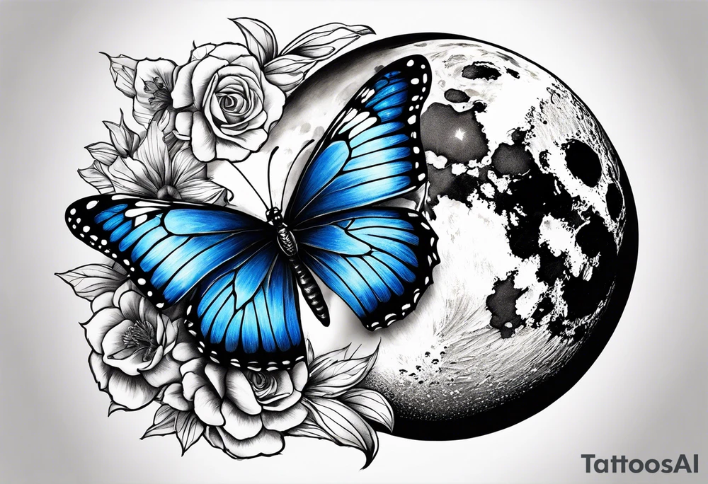 Blue butterfly moon tattoo idea