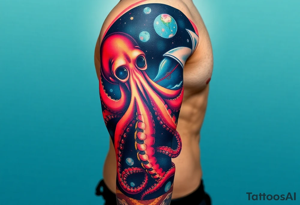 Deep sea with a real looking octopus grabbing a astronaut in a deep sea and space concept background tattoo idea