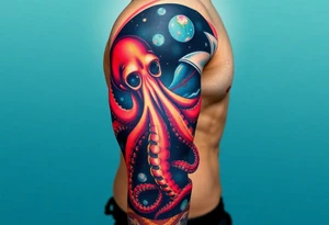 Deep sea with a real looking octopus grabbing a astronaut in a deep sea and space concept background tattoo idea