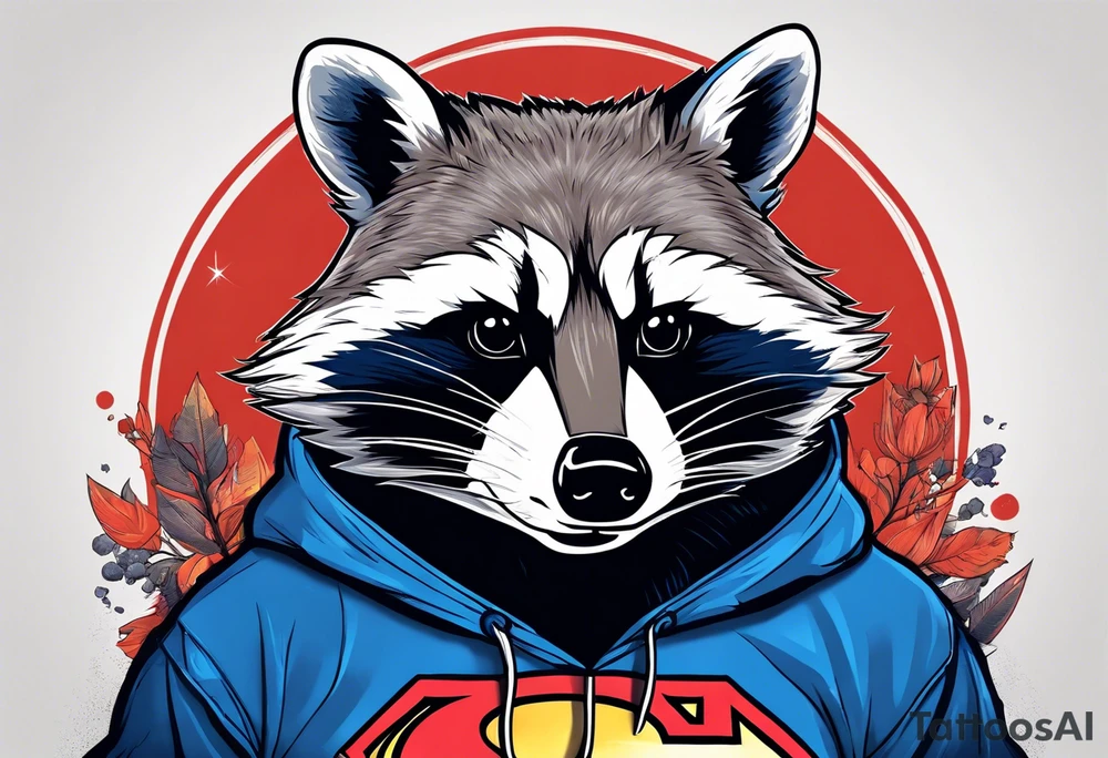 raccoon wearing a Superman hoodie tattoo idea
