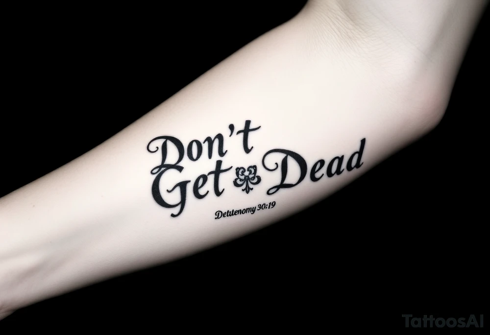 I want a cool design that includes the words “Don’t Get Dead” and includes the scripture reference Deuteronomy 30:19. Also I want something representing each of the 4 members of my family. tattoo idea
