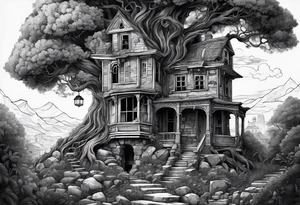 the tree of life growing out of a broken house with the devine child at its doorsteps tattoo idea
