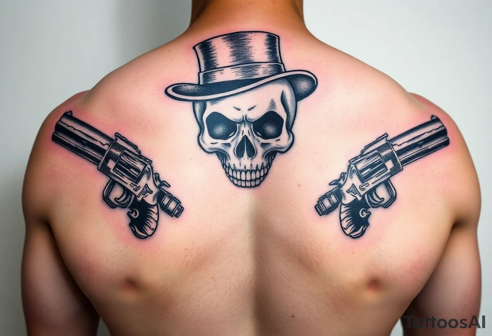 voodoo skull, top hat, dead mans card hand, six guns tattoo idea