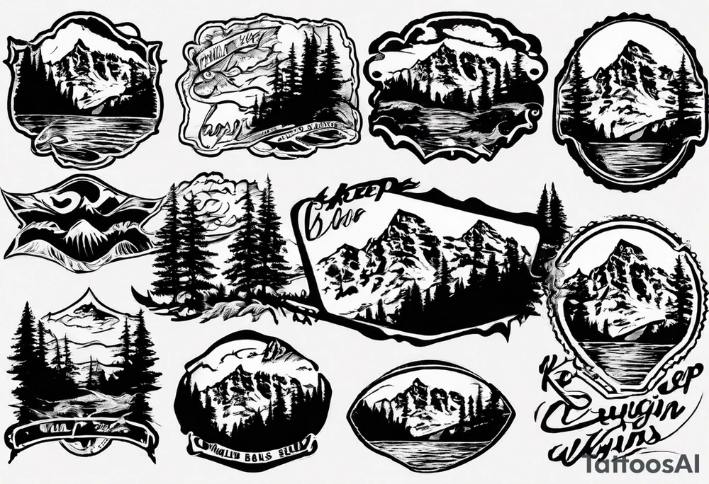 On the top will be the maroon bells mountains. In the middle will be "Keep Chuggin" in cursive writing. On the bottom will be a rough ocean with waves and whitecaps tattoo idea On the top will be the maroon bells mountains. In the middle will be "Keep Chuggin" in cursive writing. On the bottom will be a rough ocean with waves and whitecaps tattoo idea