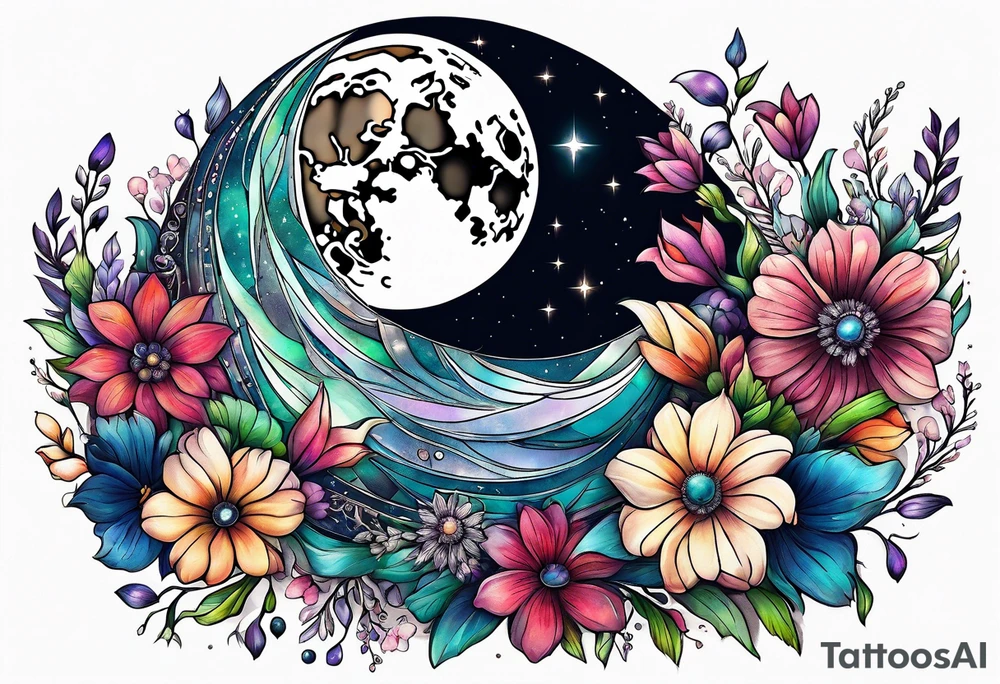 Moon made out of flowers and crystals tattoo idea