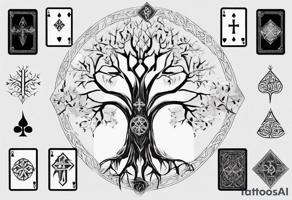 White Tree of Gondor, Geometric symbols, Viking cross, playing cards, flowers tattoo idea