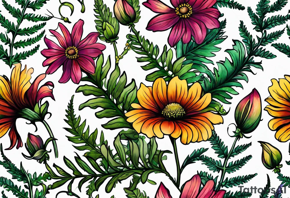 saturated mixed wildflower with ferns and with color tattoo idea