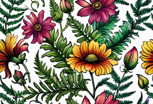 saturated mixed wildflower with ferns and with color tattoo idea