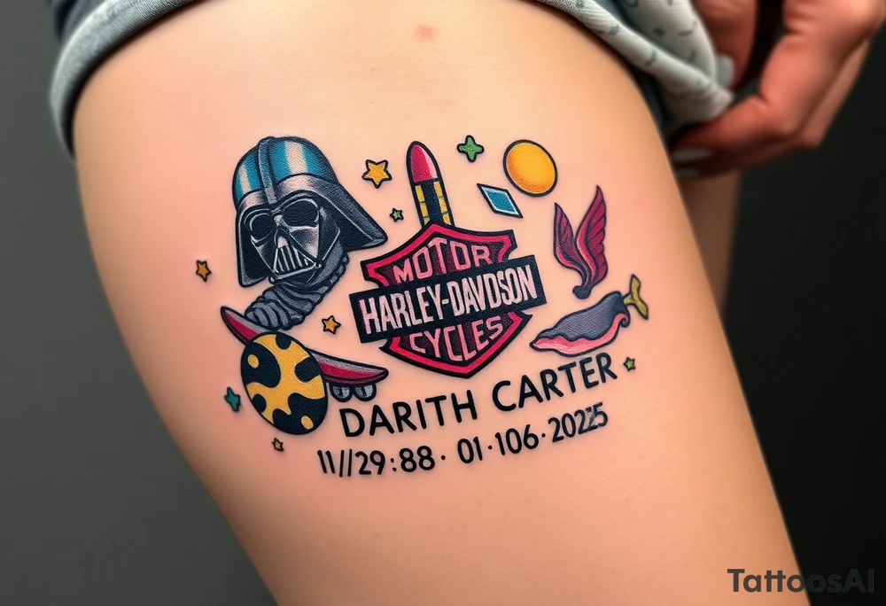 colorful futuristic memory tattoo for passed boyfriend;, star wars, Harley Davidson, skateboarding, puzzle pieces, video games, heaven, god, outdoors, 9mm bullet, words MEMENTO MORI & DARTH CARTER 12/29/88-01/06/2025 tattoo idea