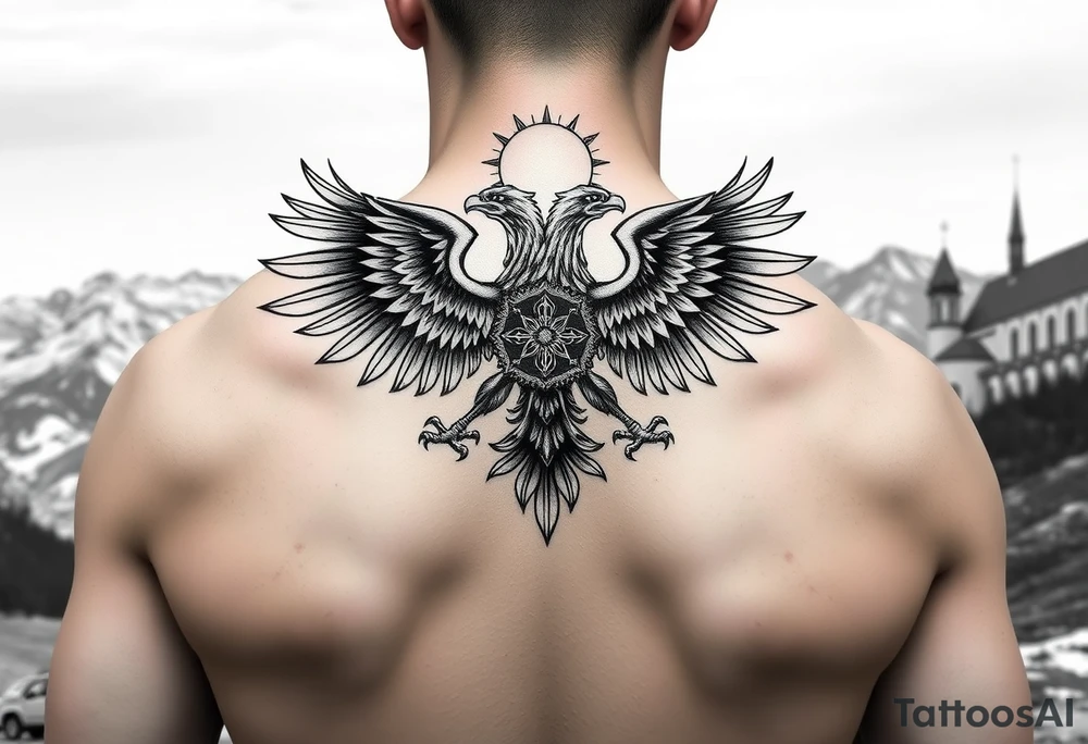 i am looking at getting a russian / serbian style double headed eagle like the coat of arms spread out on my back neck across my shoulders / traps in a orthodox christian church style setting with a sun beaming and in a mountainous setting, such as a Sovereign of the Mountain and an orthodox church in the background with the russian orthodox spire of the orthodox church being visible on my neck tattoo idea