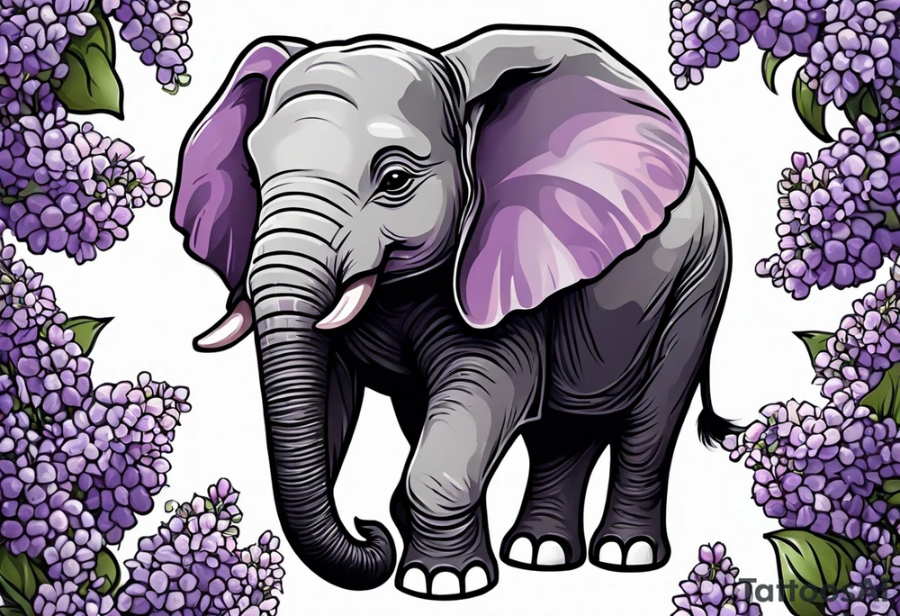 Baby elephant sitting with lilacs in its trunk tattoo idea